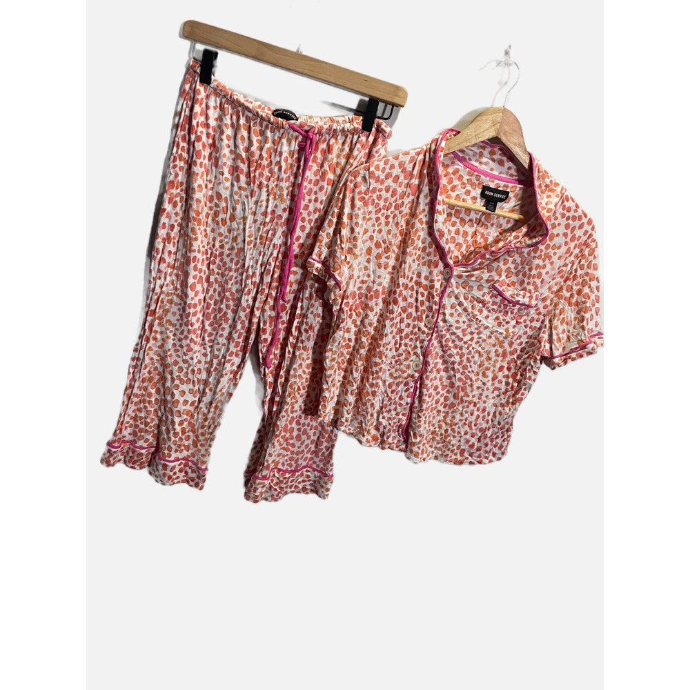 Room Service Pajama Set Womens M/L Orange Pink Dot Print‎ Button Down Sleepwear